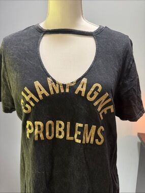 Express Black Tee with Gold 'Champagne Problems' Graphic and Cutout Neck Size M